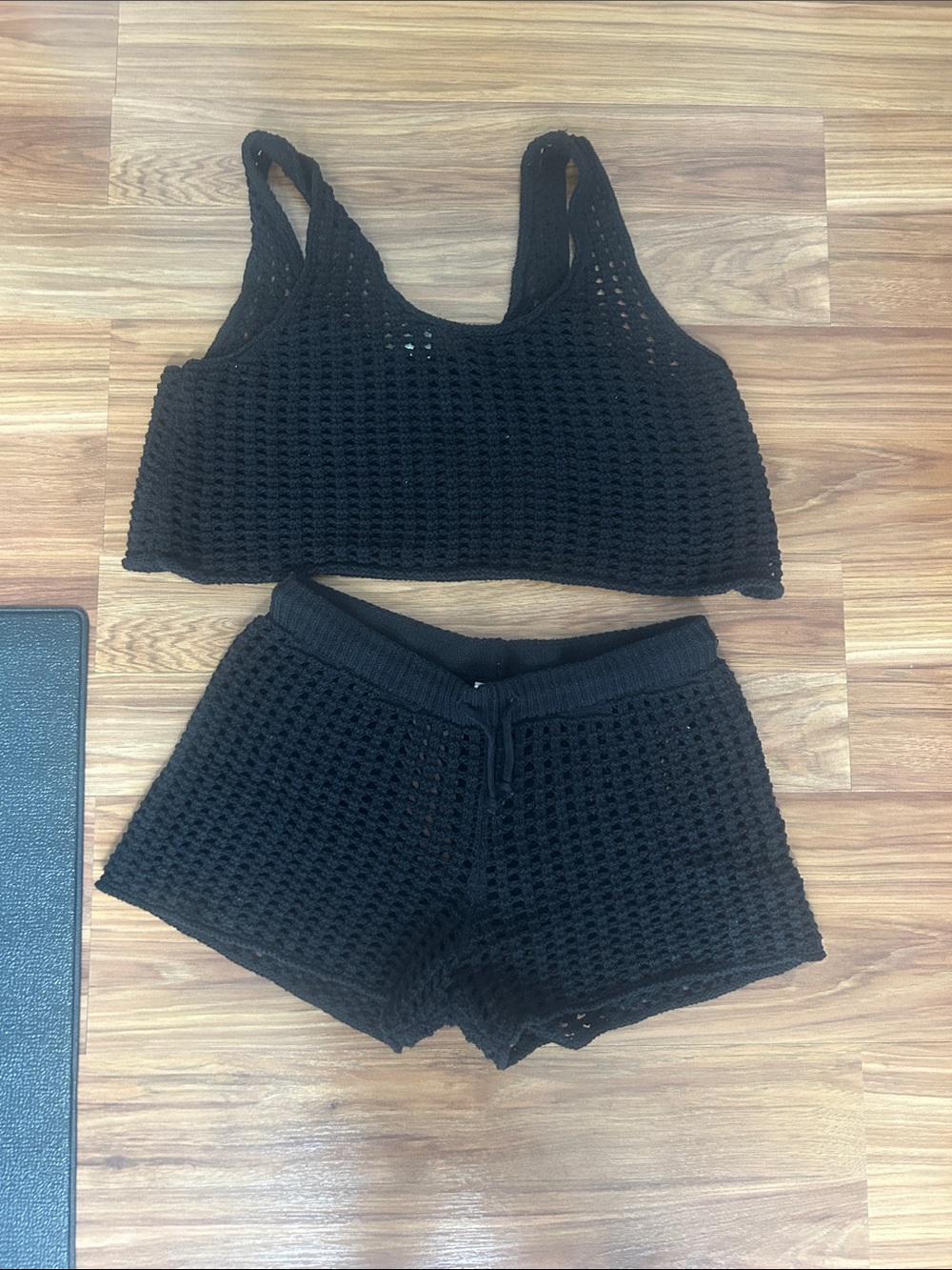 wild fable Black Crochet Knit Swim Coverup Shorts Set